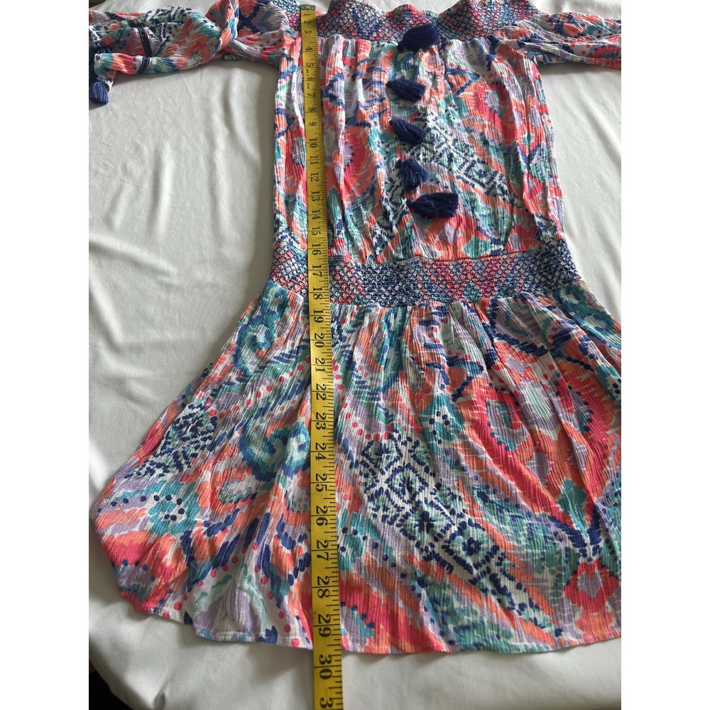Lilly Pulitzer Off Shoulder Smocked Tasseled Mini Dress Womens Size XS Pink Blue - Picture 7 of 8